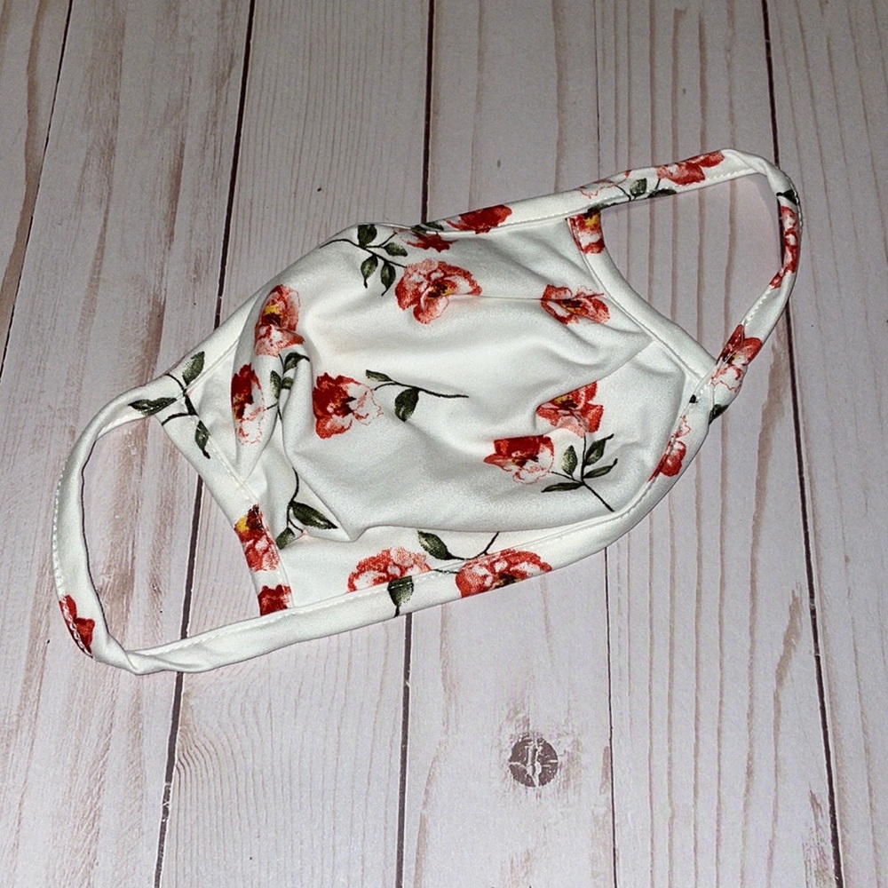 White and red floral face mask
